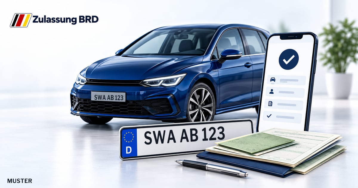 Online Fahrzeugzulassung in Schlangenbad: Musterkennzeichen SWA AB 123, Auto und Fahrzeugpapiere und Smartphone. Illustration mit Logo von Zulassung BRD.